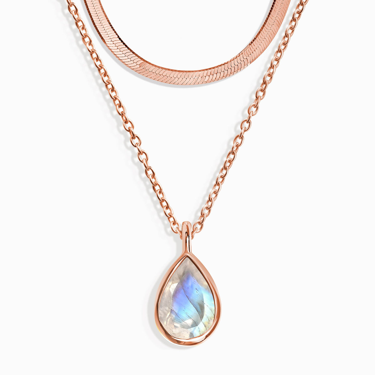 Moonstone Hidden Heart Necklace & Herringbone Chain