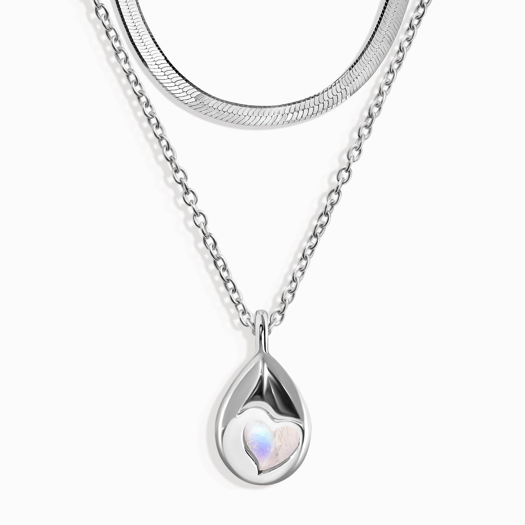 Moonstone Hidden Heart Necklace & Herringbone Chain