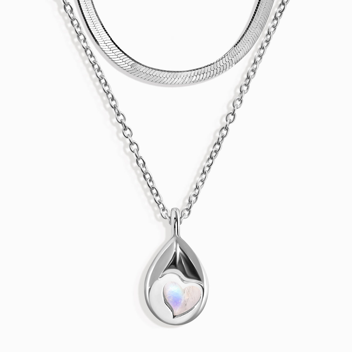 Moonstone Hidden Heart Necklace & Herringbone Chain