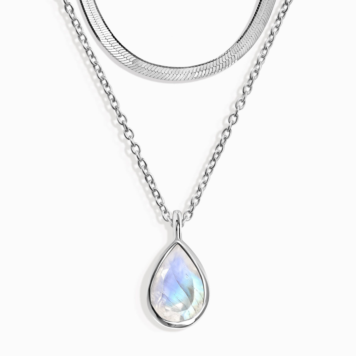 Moonstone Hidden Heart Necklace & Herringbone Chain