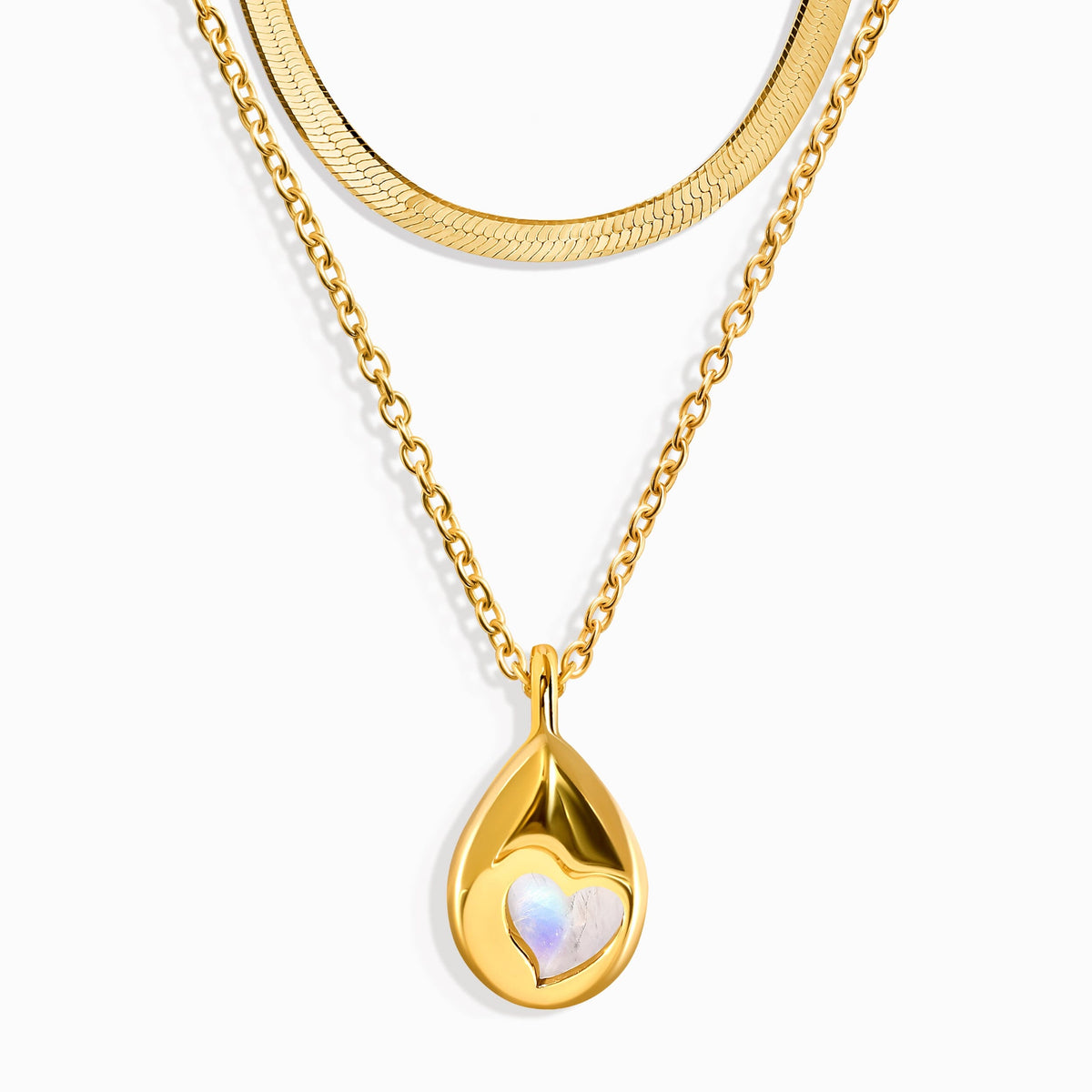 Moonstone Hidden Heart Necklace & Herringbone Chain