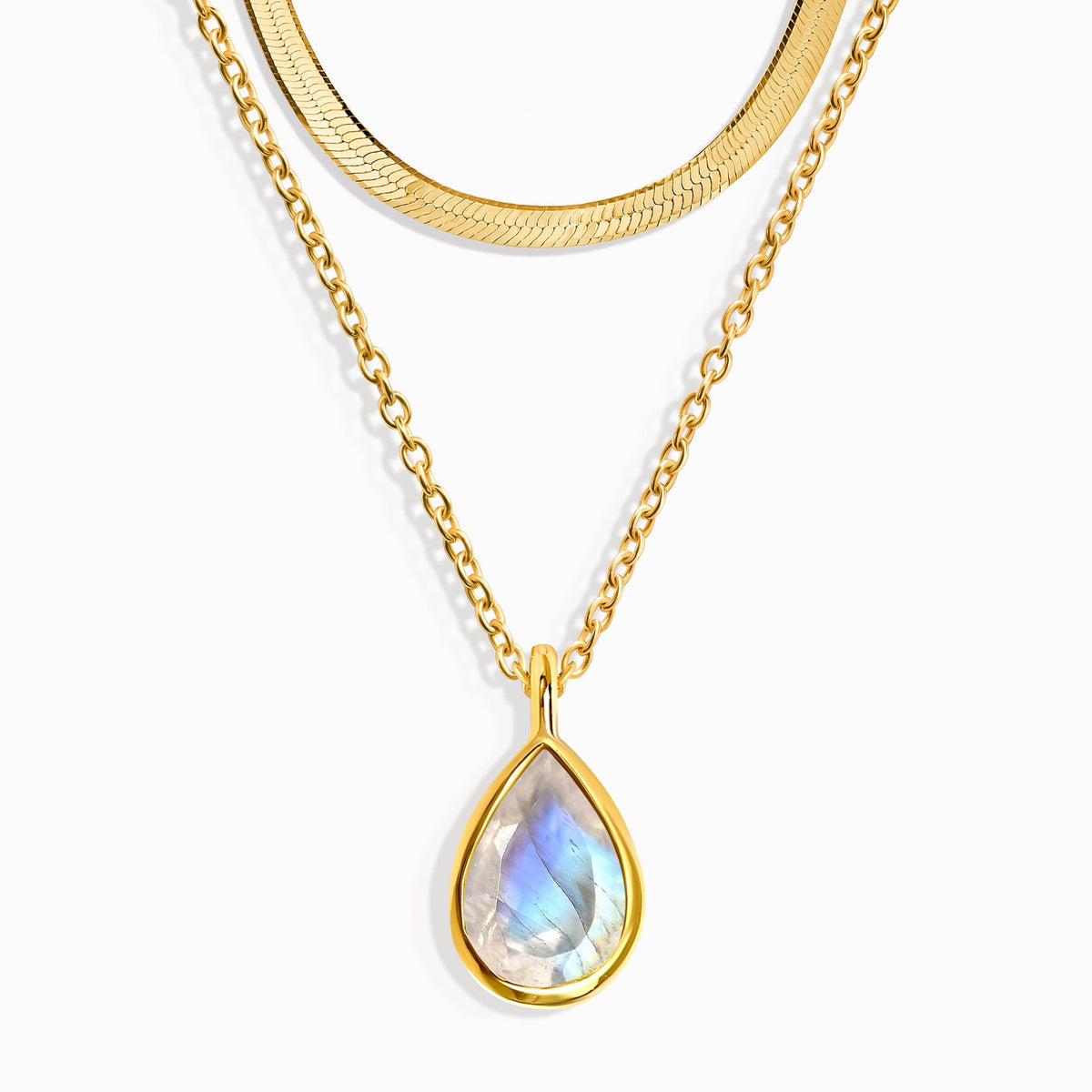 Moonstone Hidden Heart Necklace & Herringbone Chain