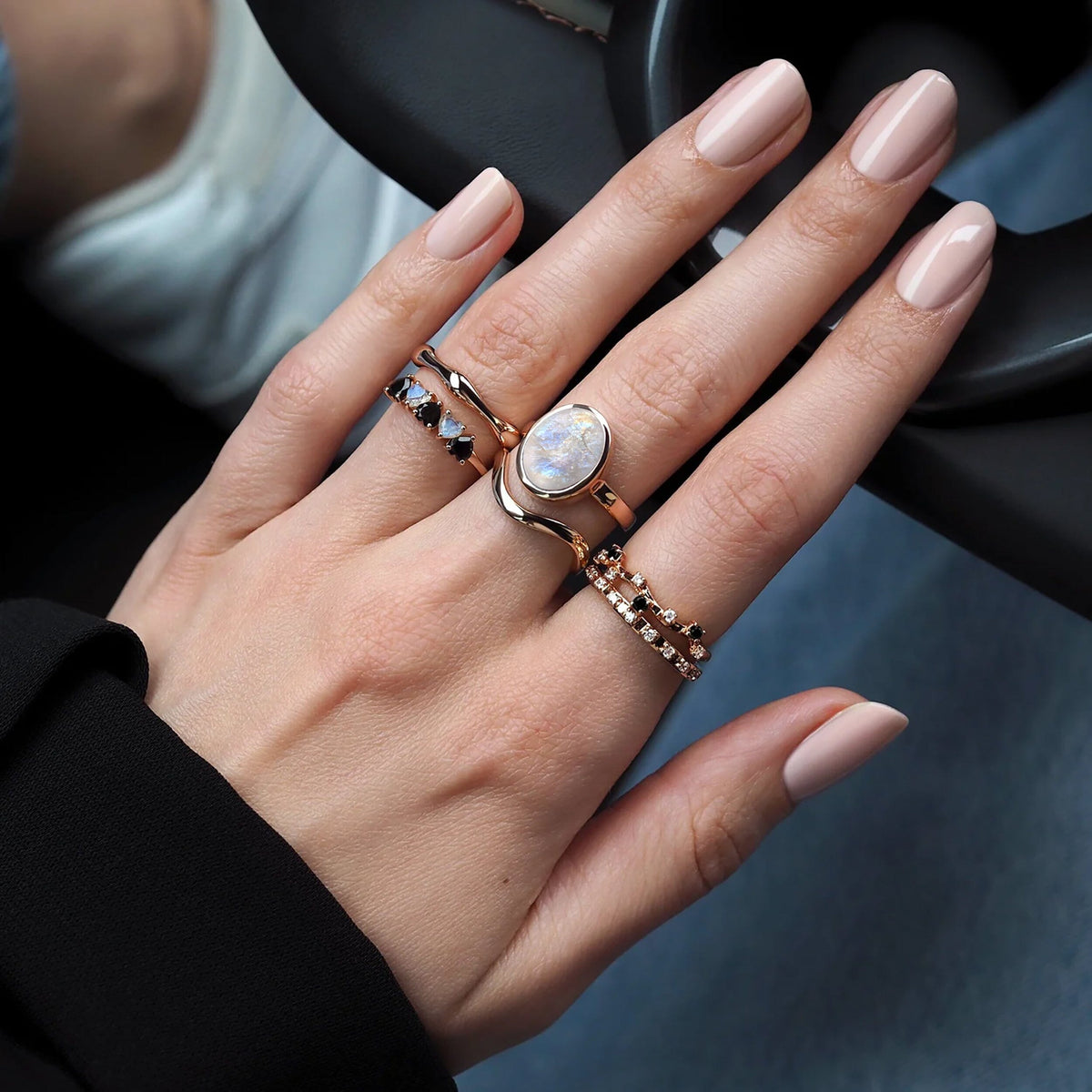 Moonstone Enfolded & Waves Rings