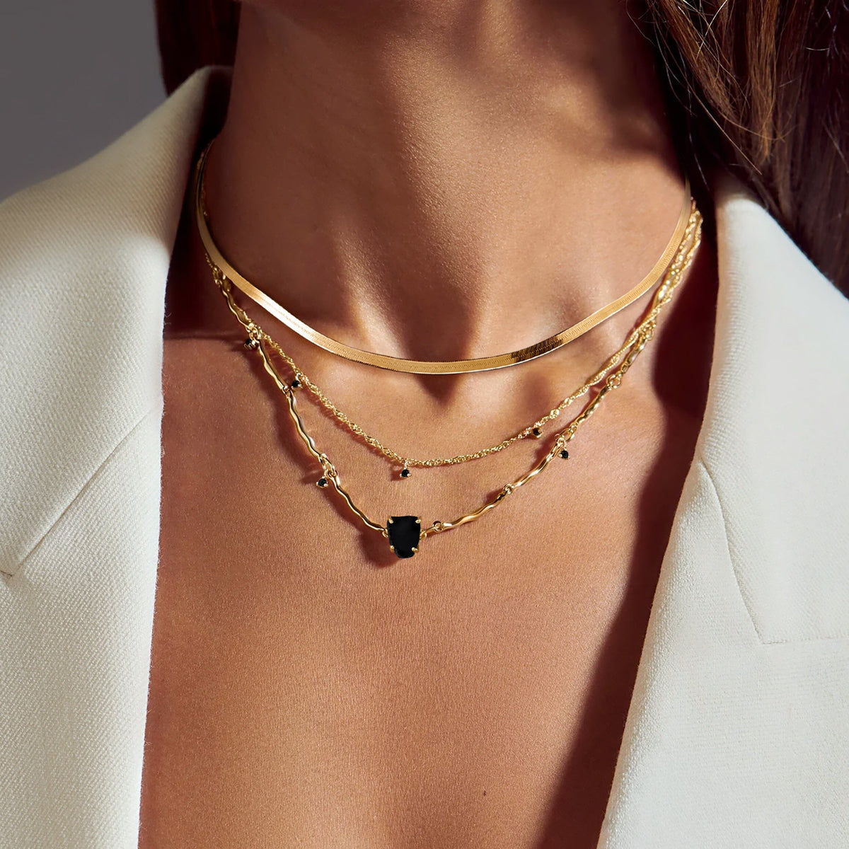 Black Obsidian Flowing Necklace & Herringbone Chain
