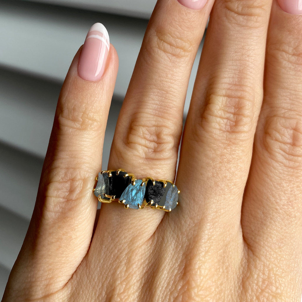 Raw Crystal Ring - Luminous Labradorite & Black Obsidian