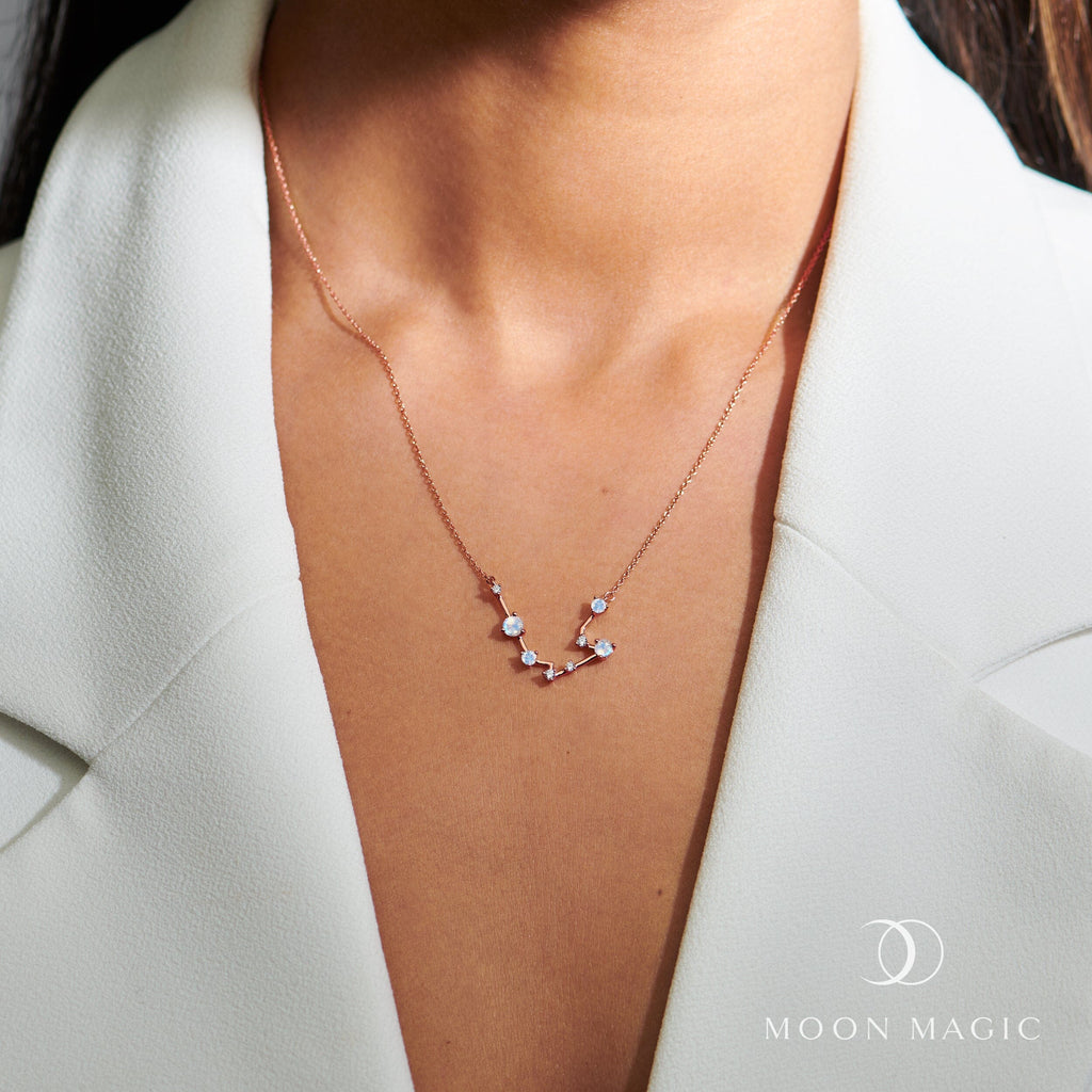 Fine Moonstone Lab Diamond Necklace - Aquarius Zodiac Constellation