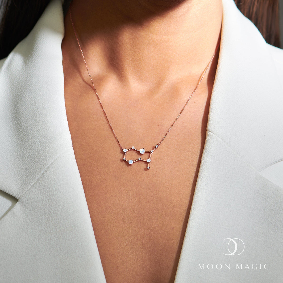 Fine Moonstone Lab Diamond Necklace - Gemini Zodiac Constellation