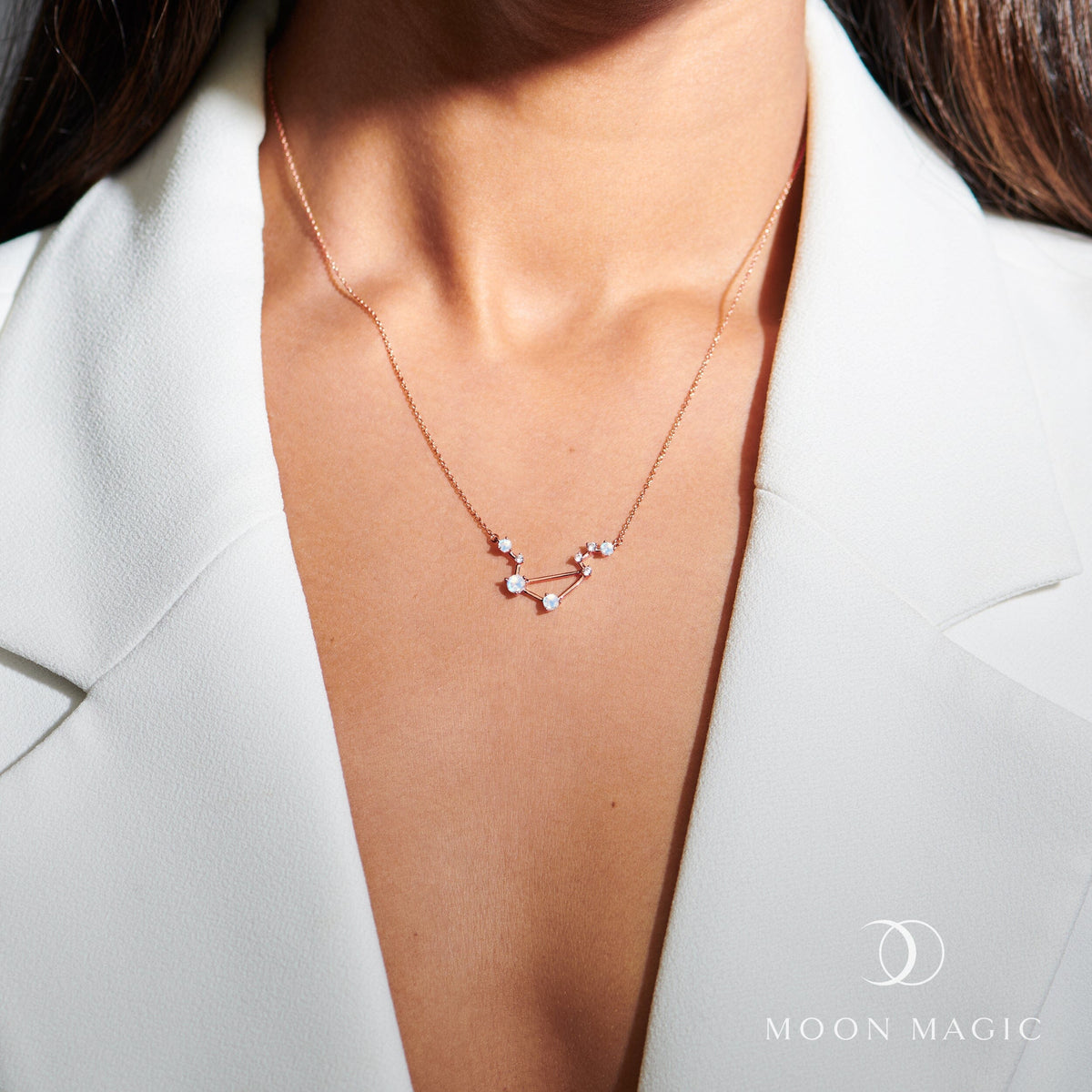 Fine Moonstone Lab Diamond Necklace - Libra Zodiac Constellation