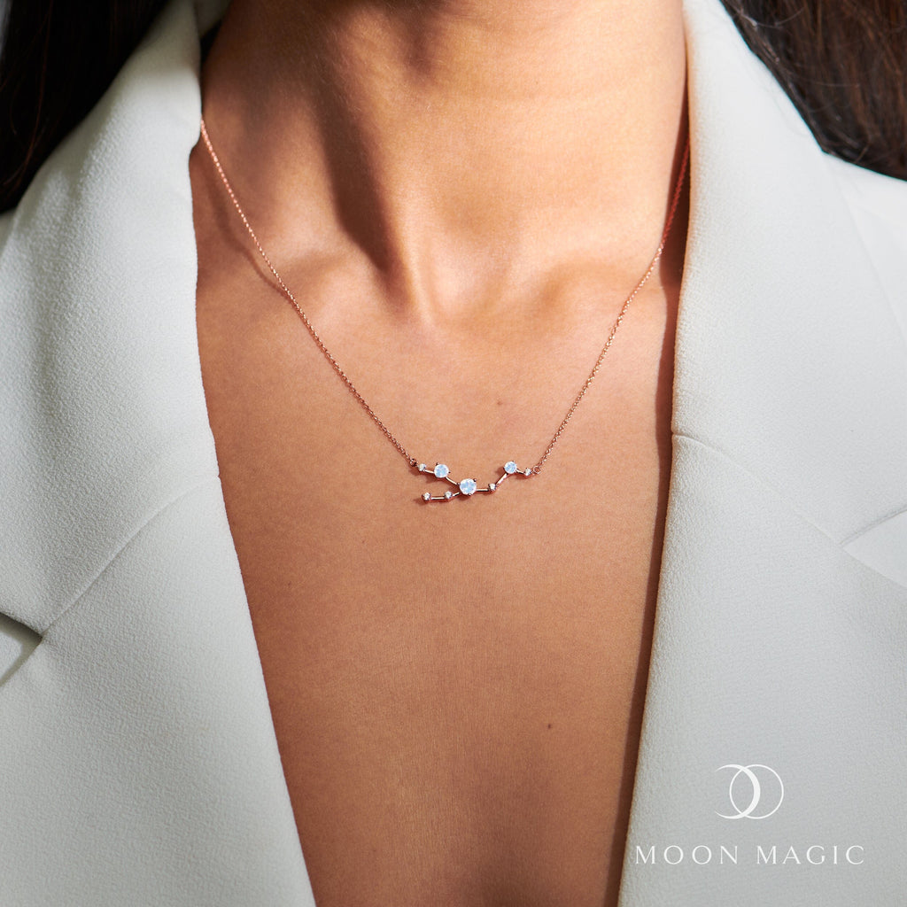 Fine Moonstone Lab Diamond Necklace - Taurus Zodiac Constellation