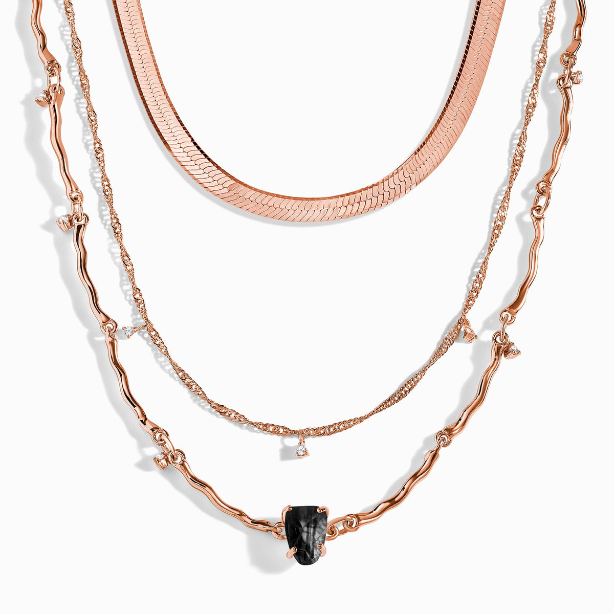 Black Obsidian Flowing Necklace & Herringbone Chain