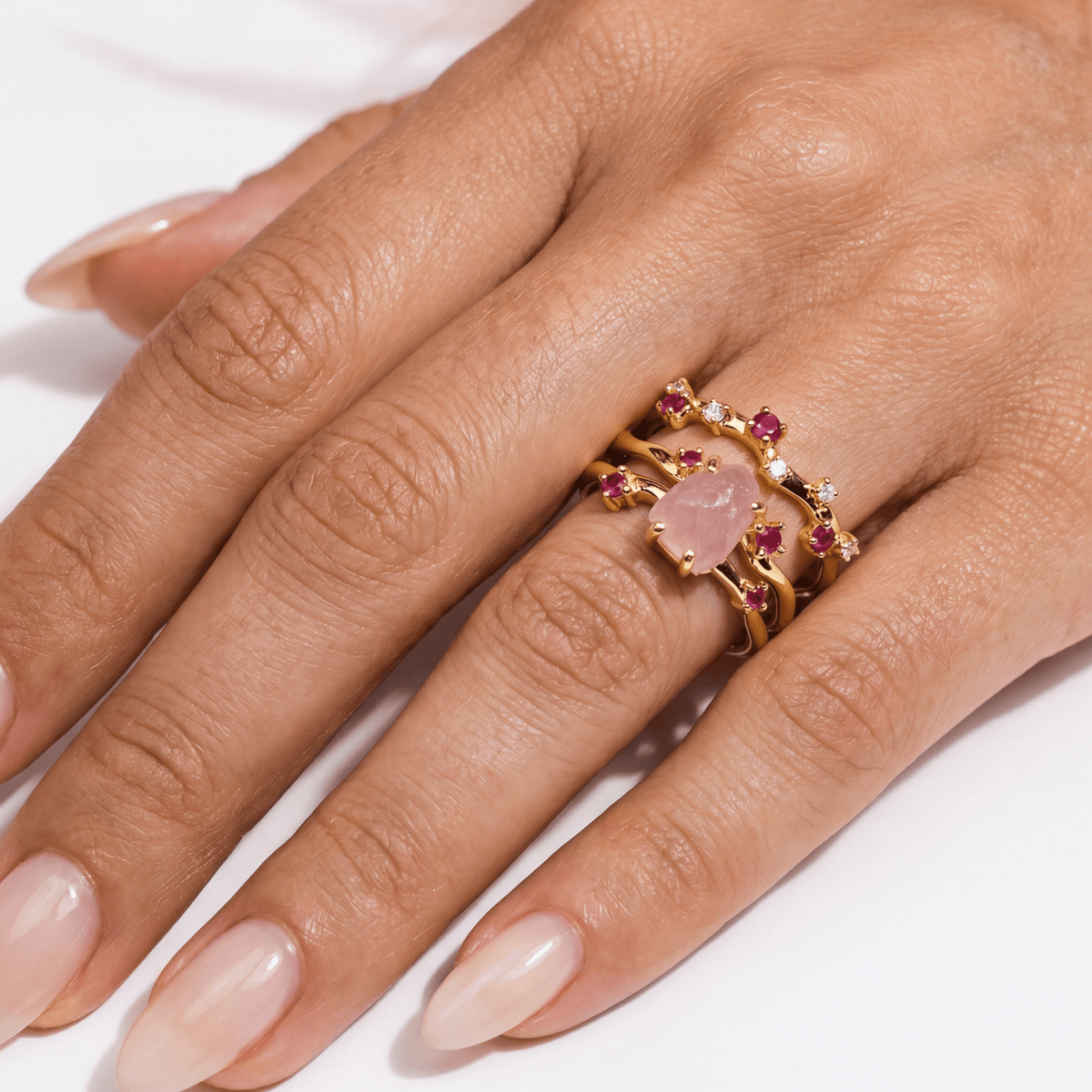 Rose Quartz Flow & Ruby Stardust Rings