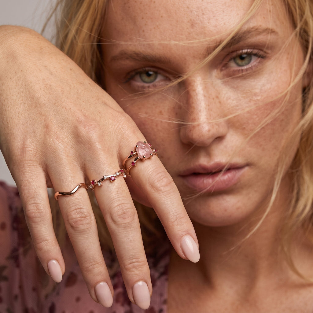 Rose Quartz Flow & Ruby Stardust & Waves Rings