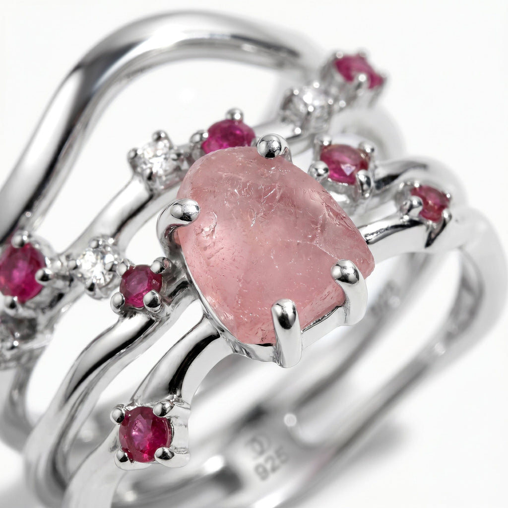 Rose Quartz Flow & Ruby Stardust & Waves Rings