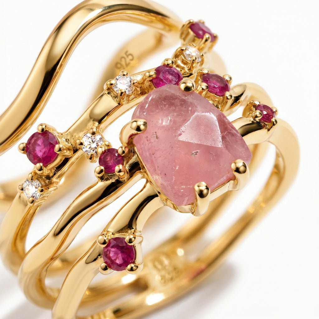 Rose Quartz Flow & Ruby Stardust & Waves Rings