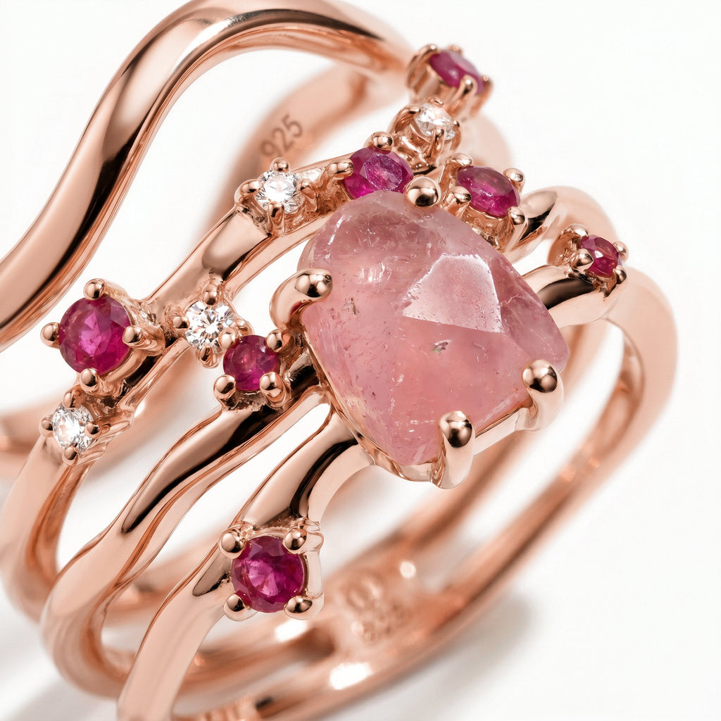Rose Quartz Flow & Ruby Stardust & Waves Rings
