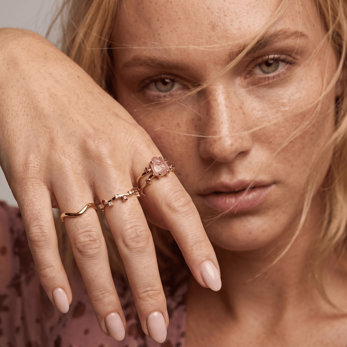 Rose Quartz Flow & Ruby Stardust & Waves Rings