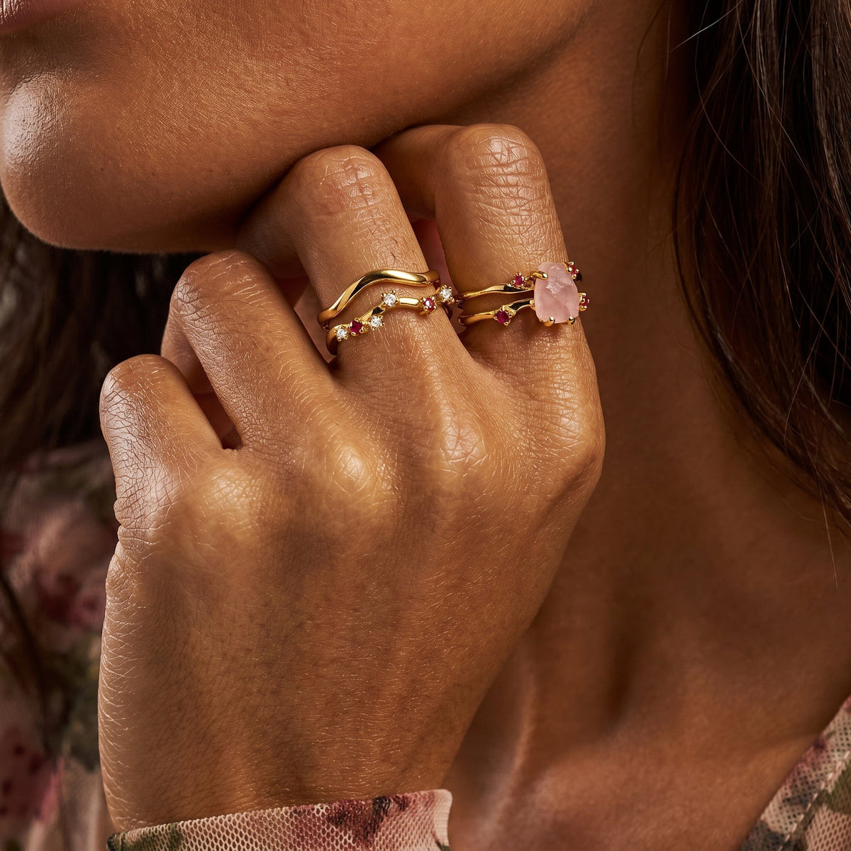 Rose Quartz Flow & Ruby Stardust & Waves Rings
