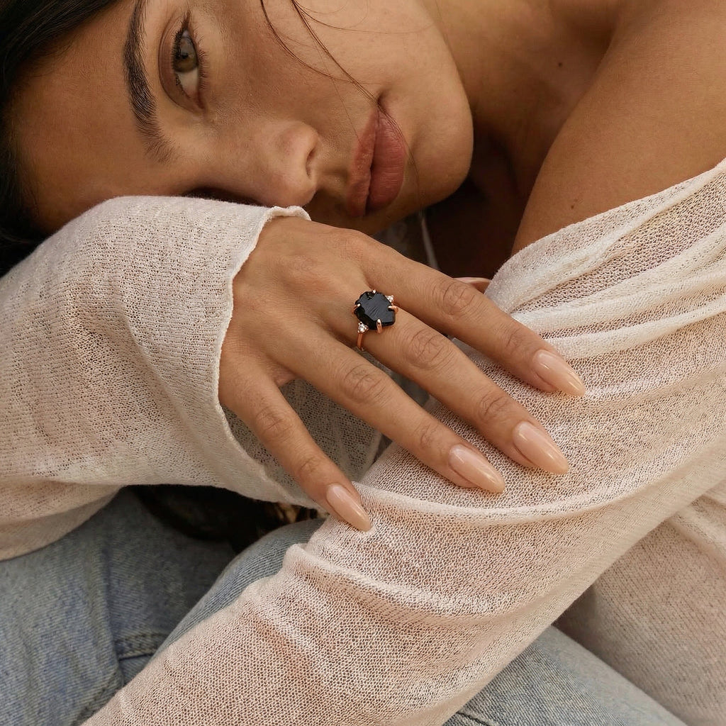 Black Obsidian Lab Diamond Ring - Raw Allure
