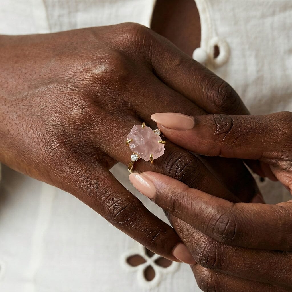 Rose Quartz Lab Diamond Ring - Raw Allure