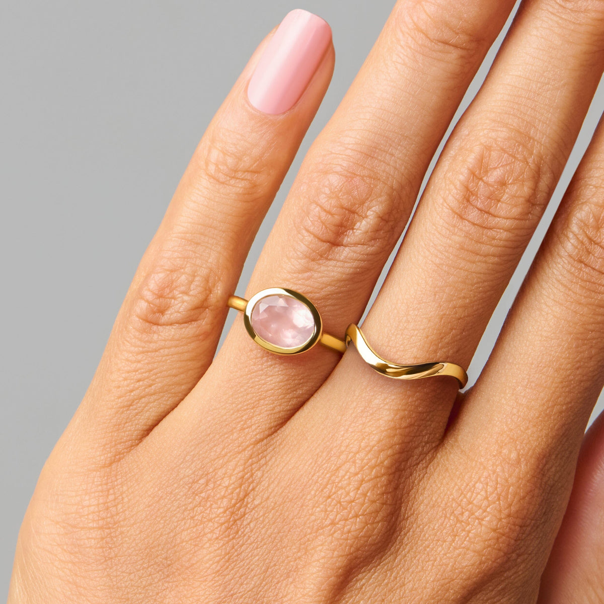 Rose Quartz Skin Touch Ring & Waves Band
