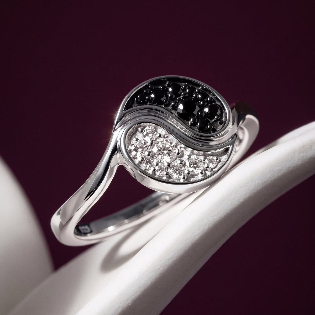 Black Spinel White Zircon Ring - Yin Yang
