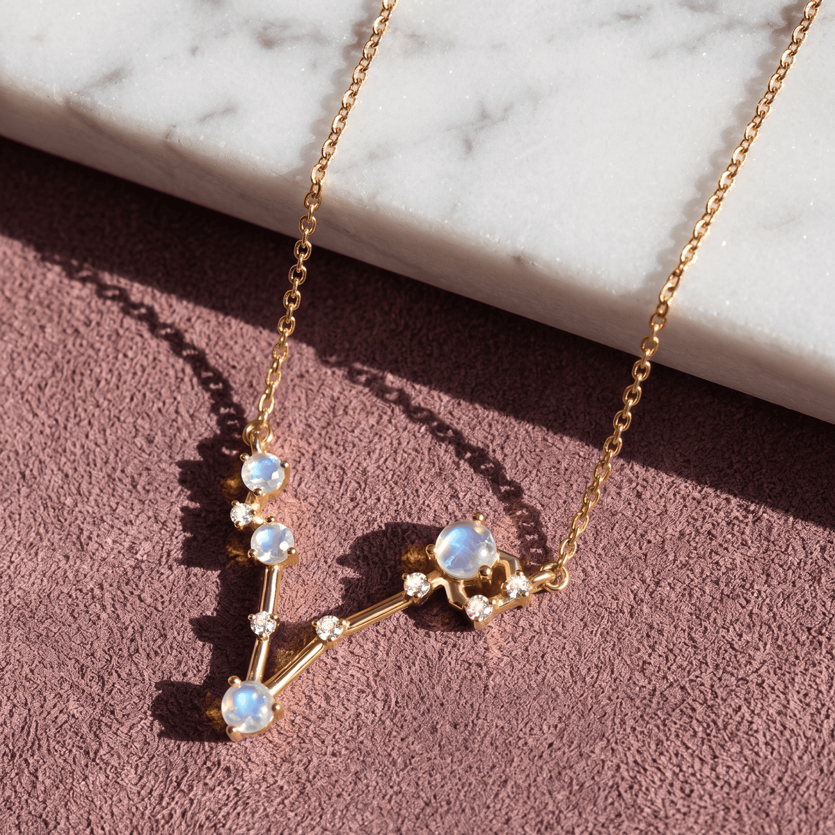 Fine Moonstone Lab Diamond Necklace - Pisces Zodiac Constellation