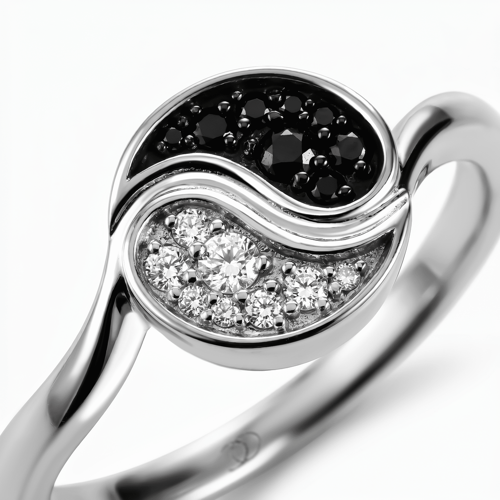 Black Spinel White Zircon Ring - Yin Yang